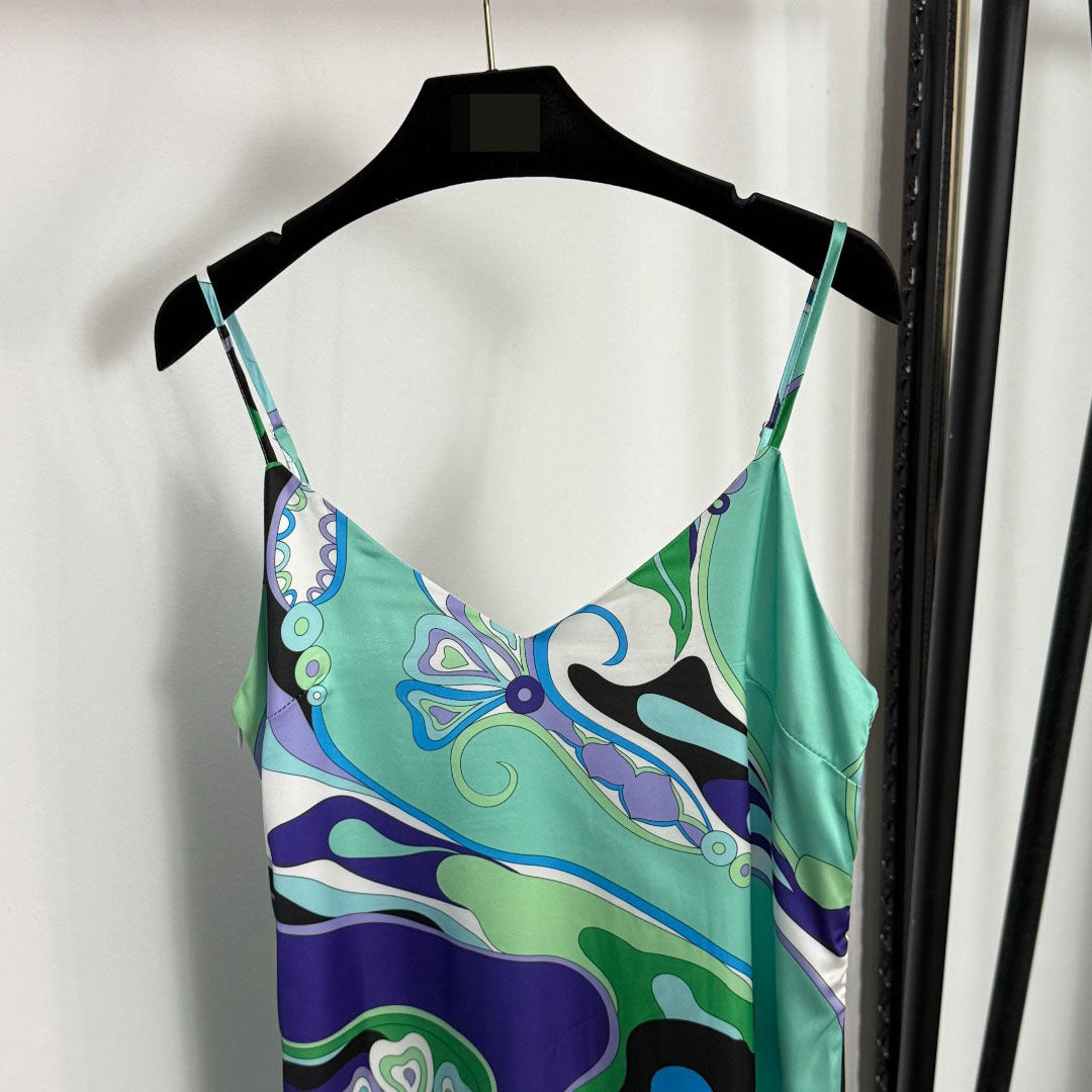 Printed Hem Slit Suspender Dress