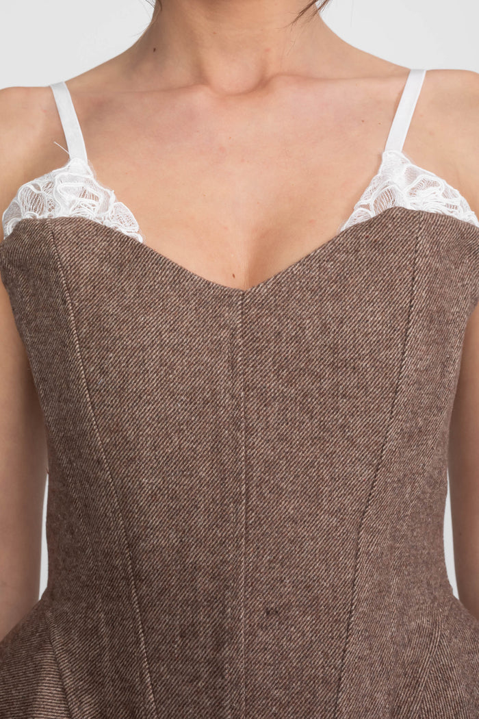 Structured Tweed Corset Top With Lace Straps And Peplum Hem - Brown