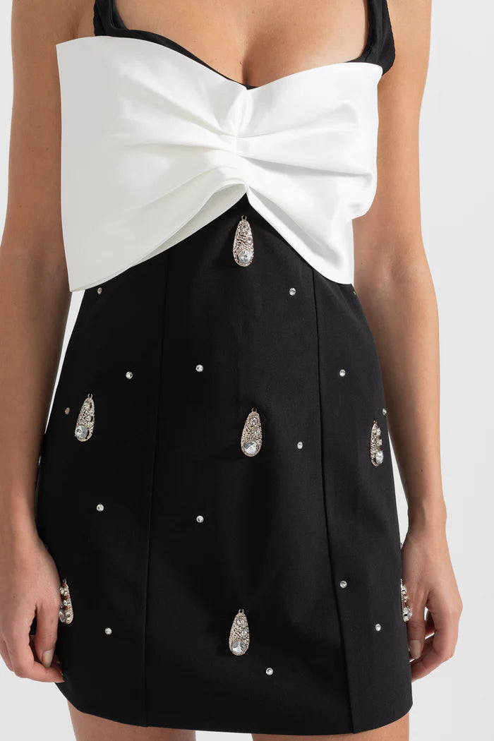 Embellished Mini Dress With White Neckline Bow - Black