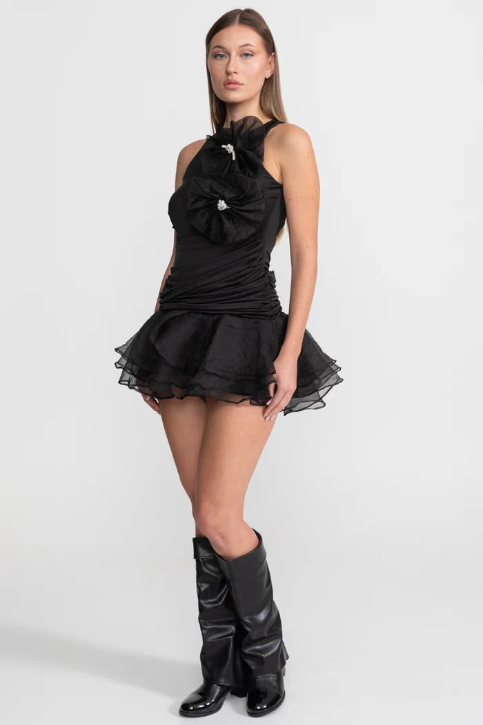 Ruffled Mini Dress with Tulle Appliqué – Black