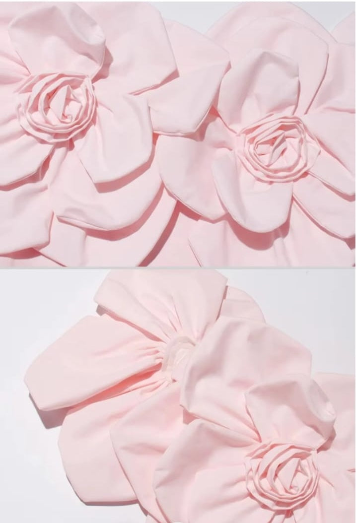 Off-Shoulder Midi Dress With Large Fabric Floral Accents - Pink