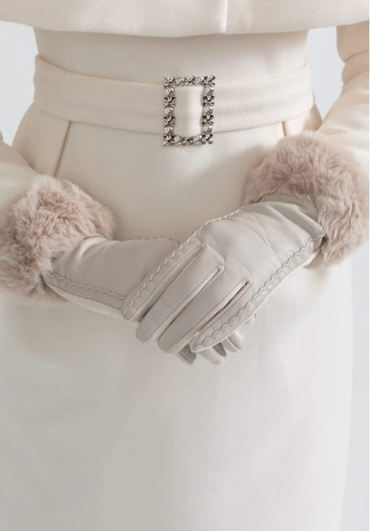 Vegan Leather Gloves With Fur Cuffs - Beige
