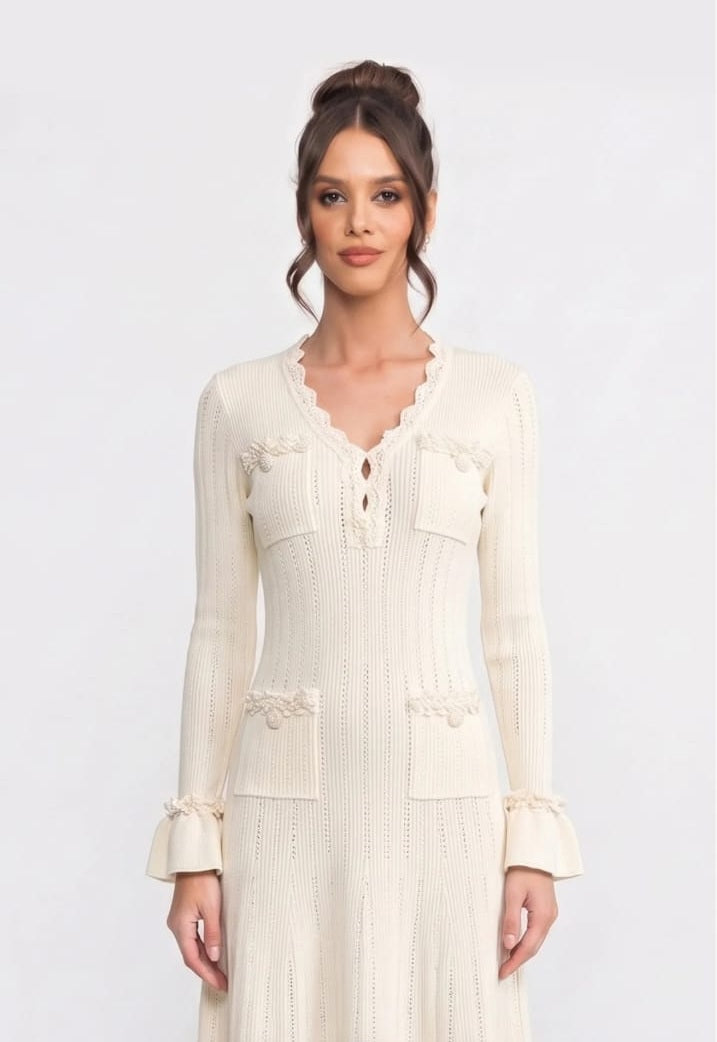 Long-Sleeve V-Neck Knit Mini Dress With Ruffle Hem And Bow Cuffs - Ivoire