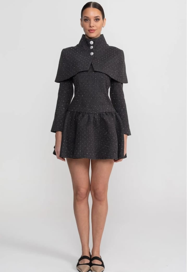 Long Sleeve Mini Dress With Detachable Cape Overlay - Charcoal