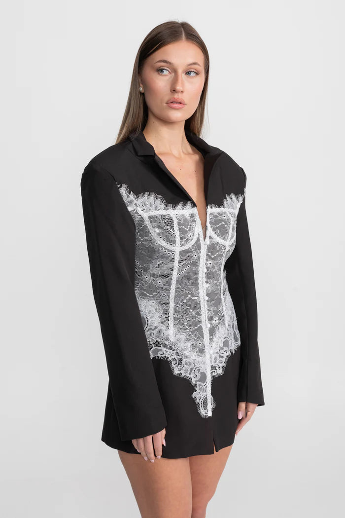 Lace Corset Blazer Dress With Deep V-neckline – Black