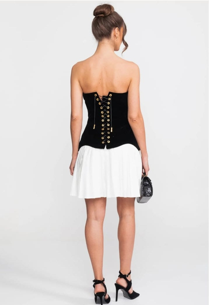 Strapless Velvet Mini Dress With Contrast Pleated Skirt - Black