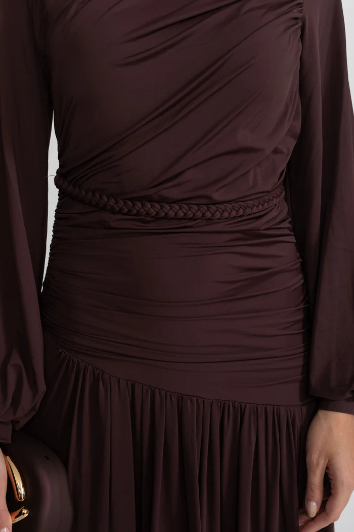 Draped Maxi Dress with Braided Waist Detail - Brown