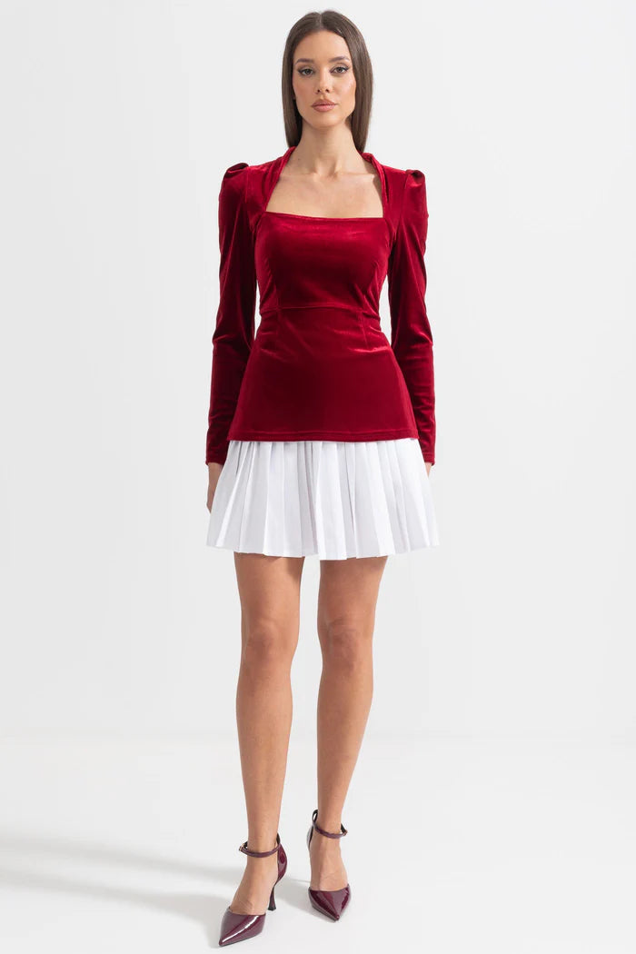 Two-Piece Velvet Ensemble With Contrasting Pleated Skirt - Red