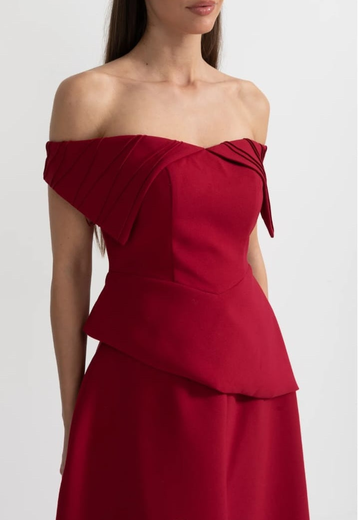 Off-Shoulder Set With Pleated Detail Top And Midi Skirt With Front Slit Accent - Red