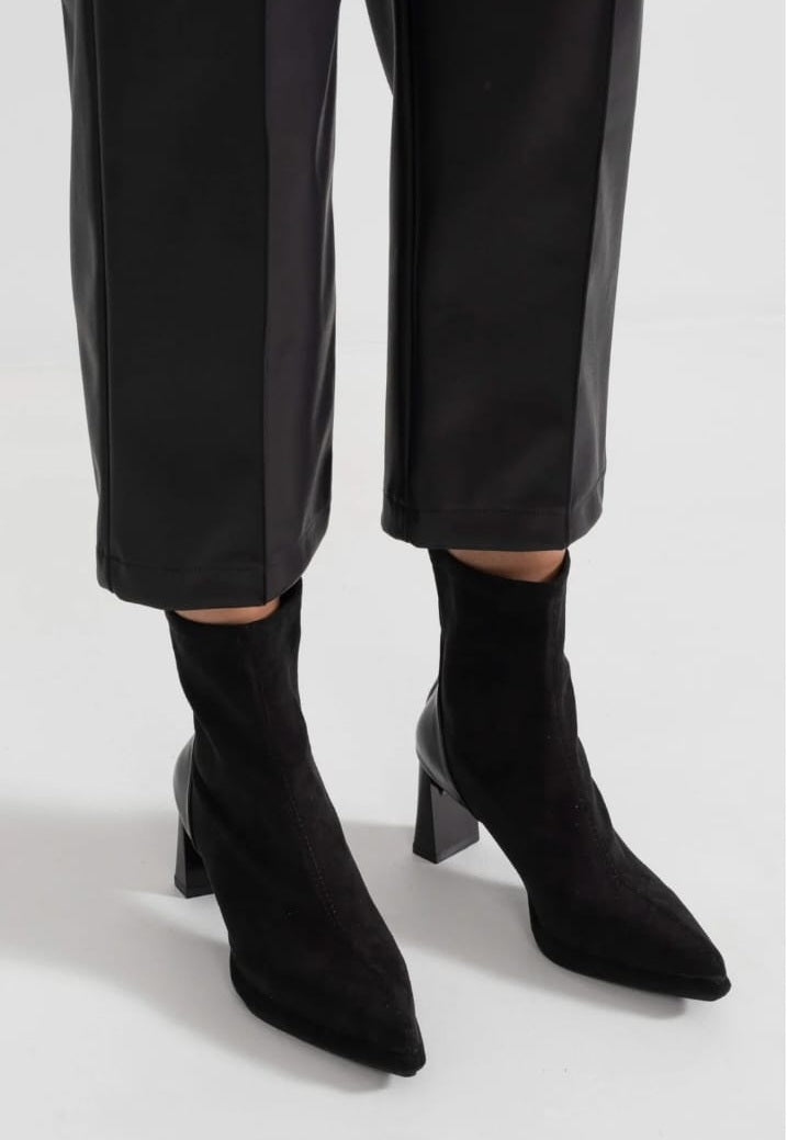 Glossy Heel Suede Ankle Boot - Black