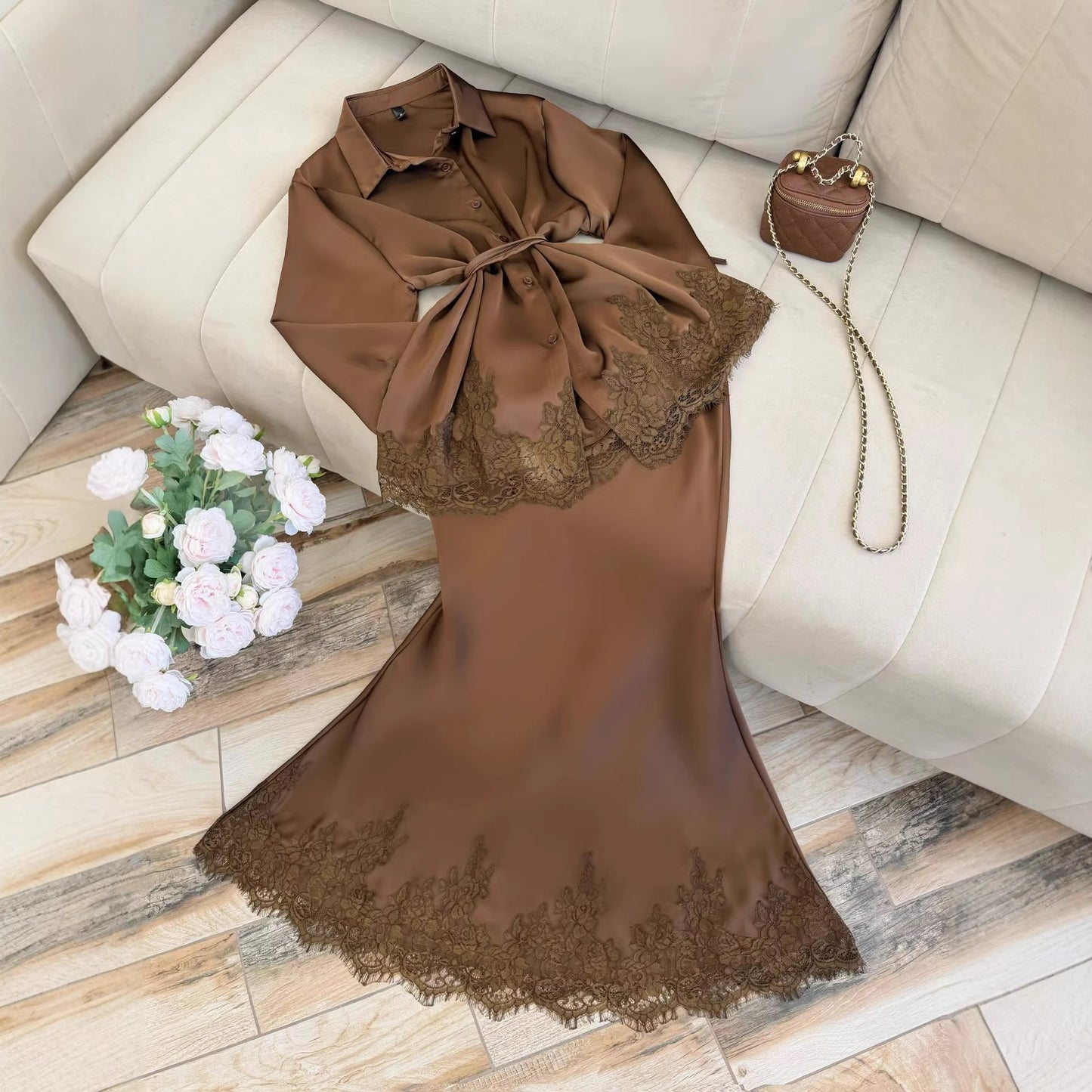 Splicing Lace-Up Long-Sleeved Shirt and Skirt Two-Piece Set