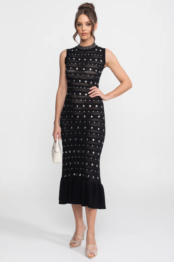 Embellished Knit Midi Dress With High Neck And Ruffle Hem - Black