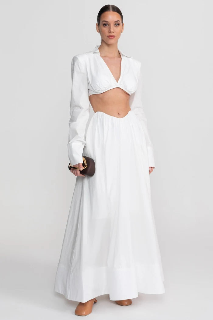 Long Sleeve Co-Ord Set With Cropped Underbust Top - White