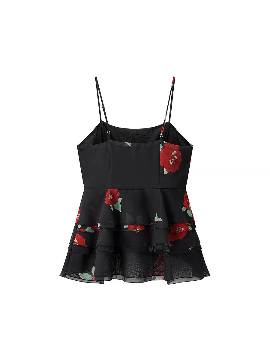 Flower Print Layered Decorative Skirt Suit