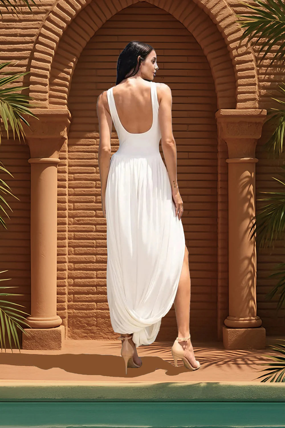 Draped Maxi Dress With Sculptural Skirt And Side Slit - White