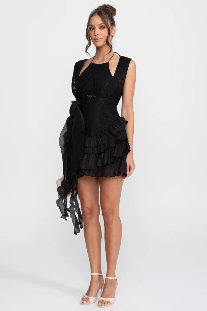 Lace Halter Rosette Mini Dress With Ruffle Skirt - Black