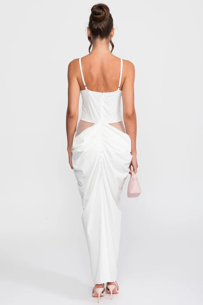 Lace Bodice Draped Gown With Spaghetti Straps - White
