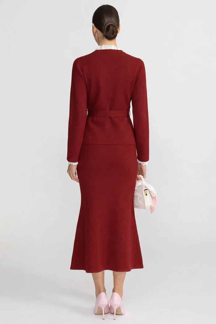 Long Sleeve Co-Ord With Fitted Knit Bodice And Crystal Button Detail - Burgundy