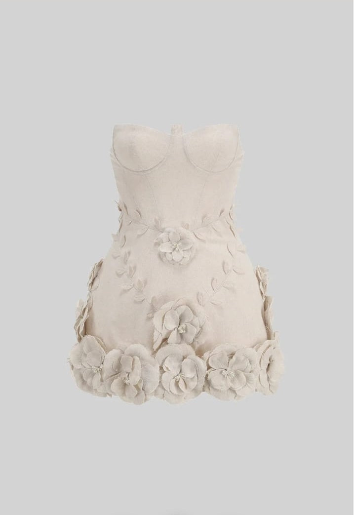 New Bustier Dress With 3D Floral Appliqués - Ivoire