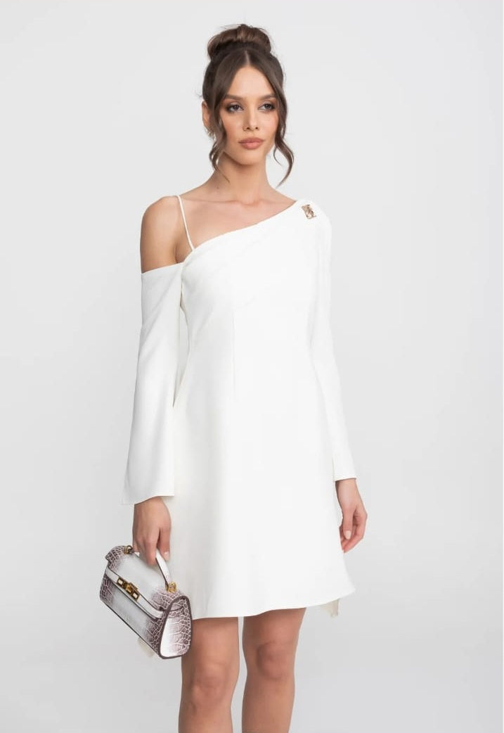 Asymmetric Cold-Shoulder Mini Dress With Long Sleeves And Gold Brooch - White