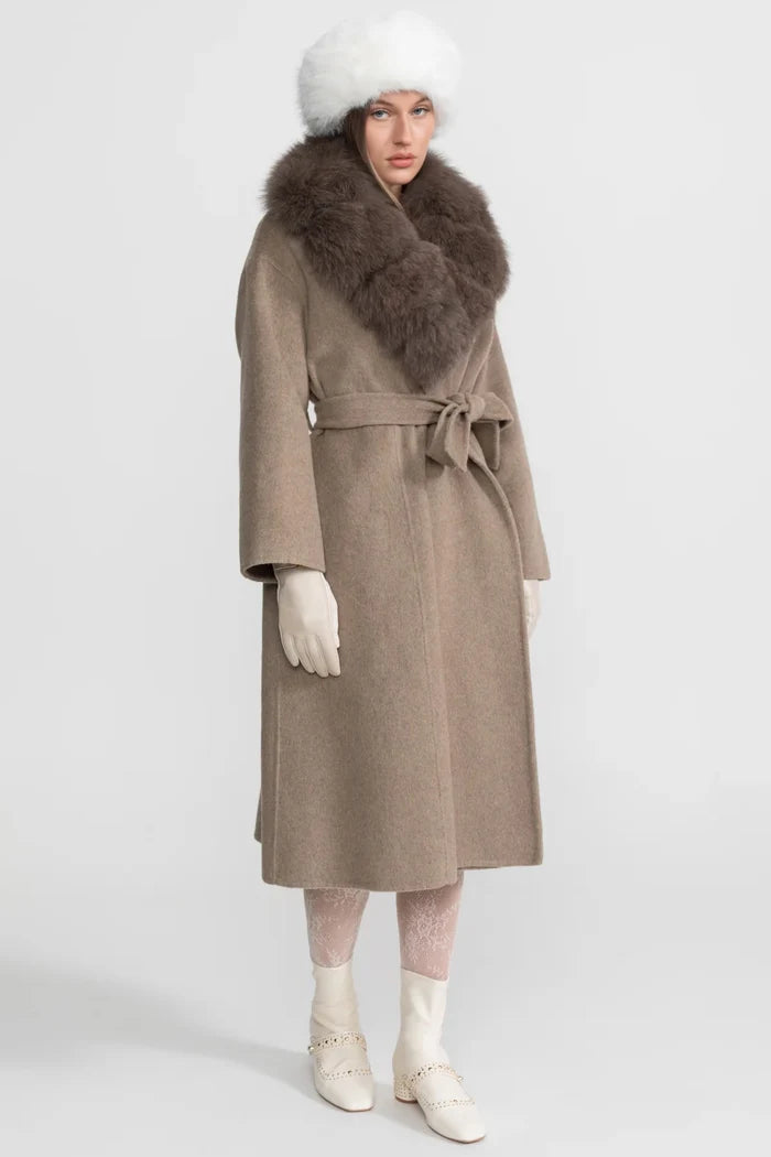 Wool Wrap Coat with Fox Fur Collar And Tie Belt – Khaki