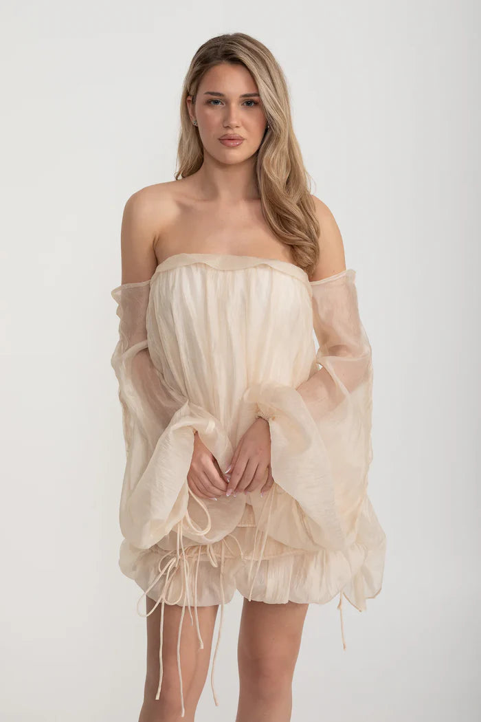 Sleeveless Draped Mini Dress With Ruffled Skirt - Ivoire