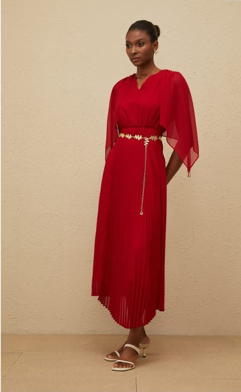 Émilie Red Pleated Maxi Dress with Cape Detail