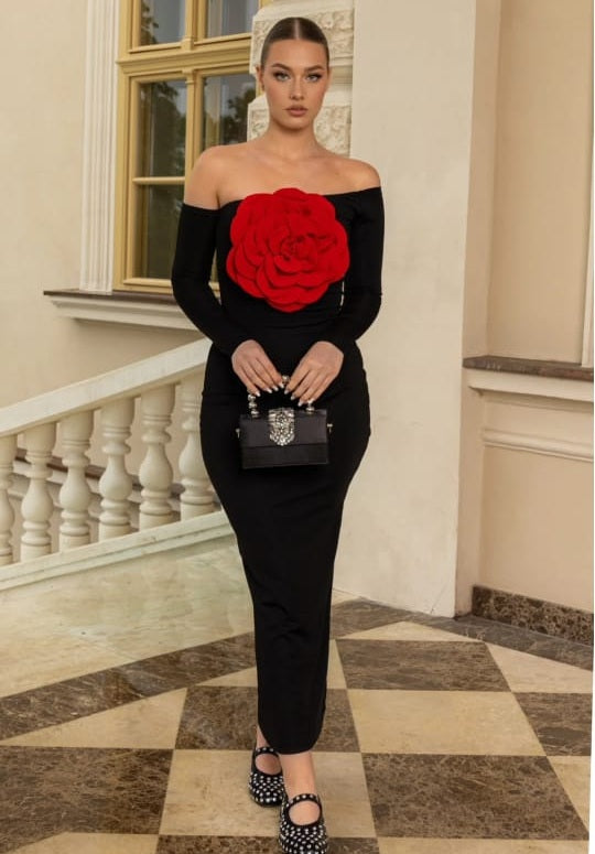 Off Shoulder Midi Dress with Floral Detail - Black