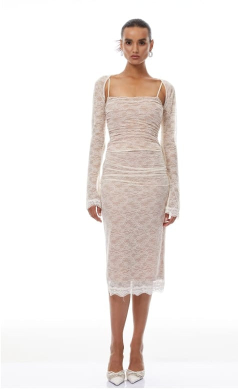 Valérie Neutral Floral Lace Ruched Shawl & Dress Set