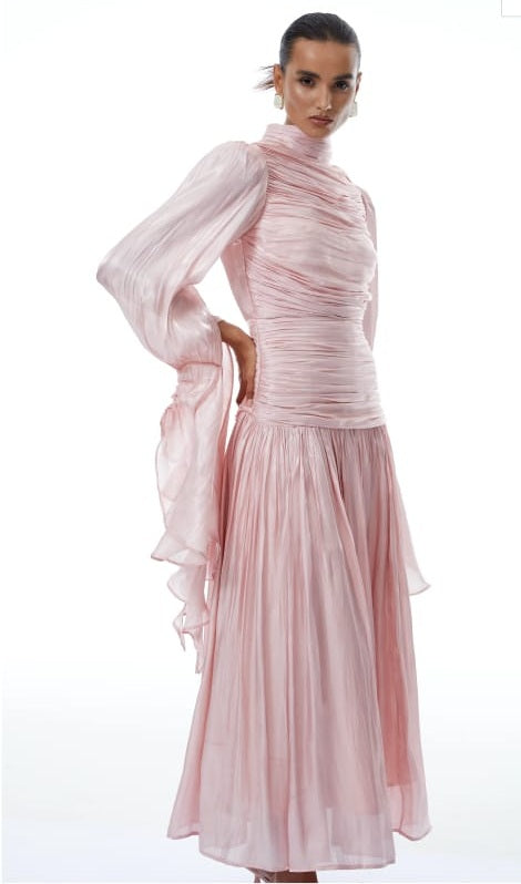 Sarolta Pink Glossy Ruched Maxi Dress-pink