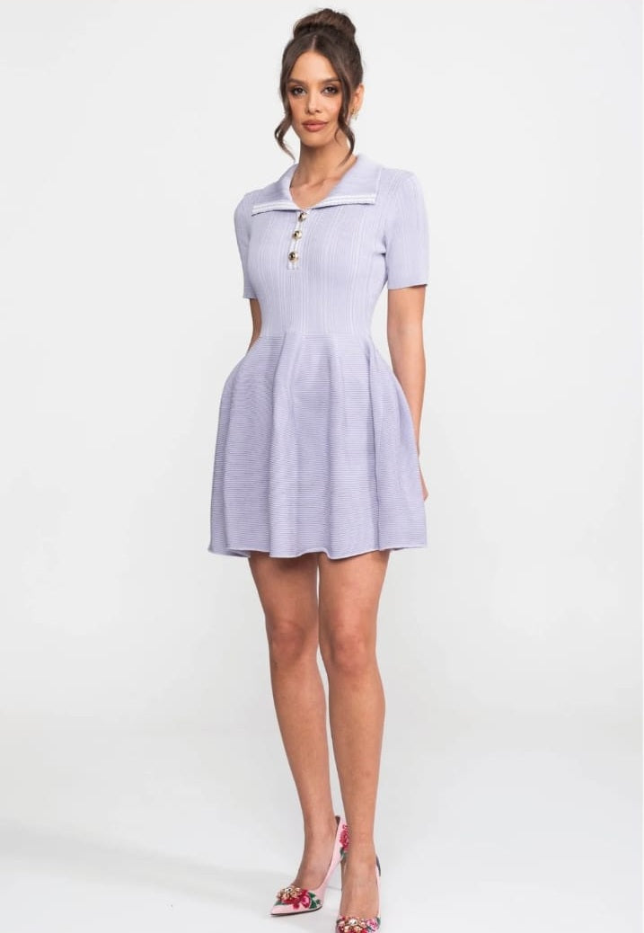 Ribbed Knit Mini Dress With Open Polo Collar And Jewel Buttons - Lilac