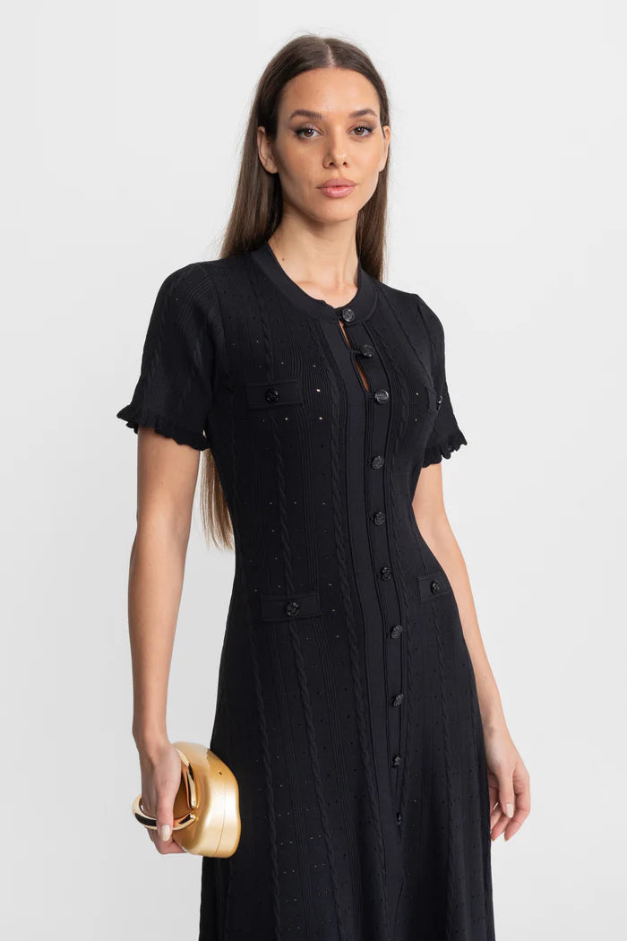 Knit Button-Front Midi Dress with Scalloped Sleeves – Black