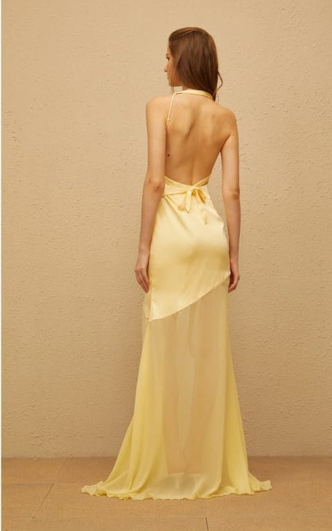 Chantal Yellow Asymmetrical Satin Maxi Dress