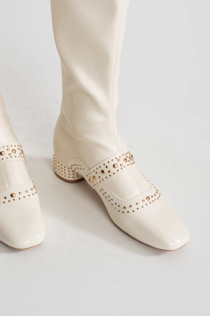 Studded Knee-High Boots With Pearl Strap Detail – Ivoire