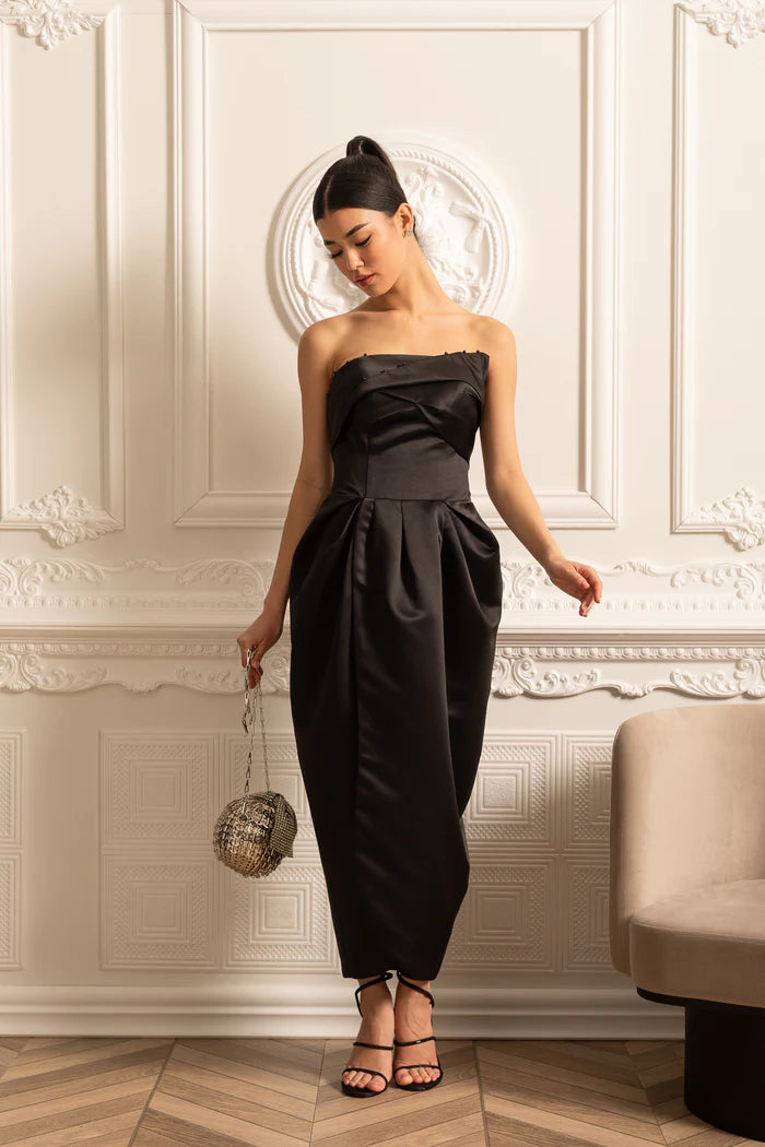 Strapless Midi Dress With Ruched Chest Detailing - Black