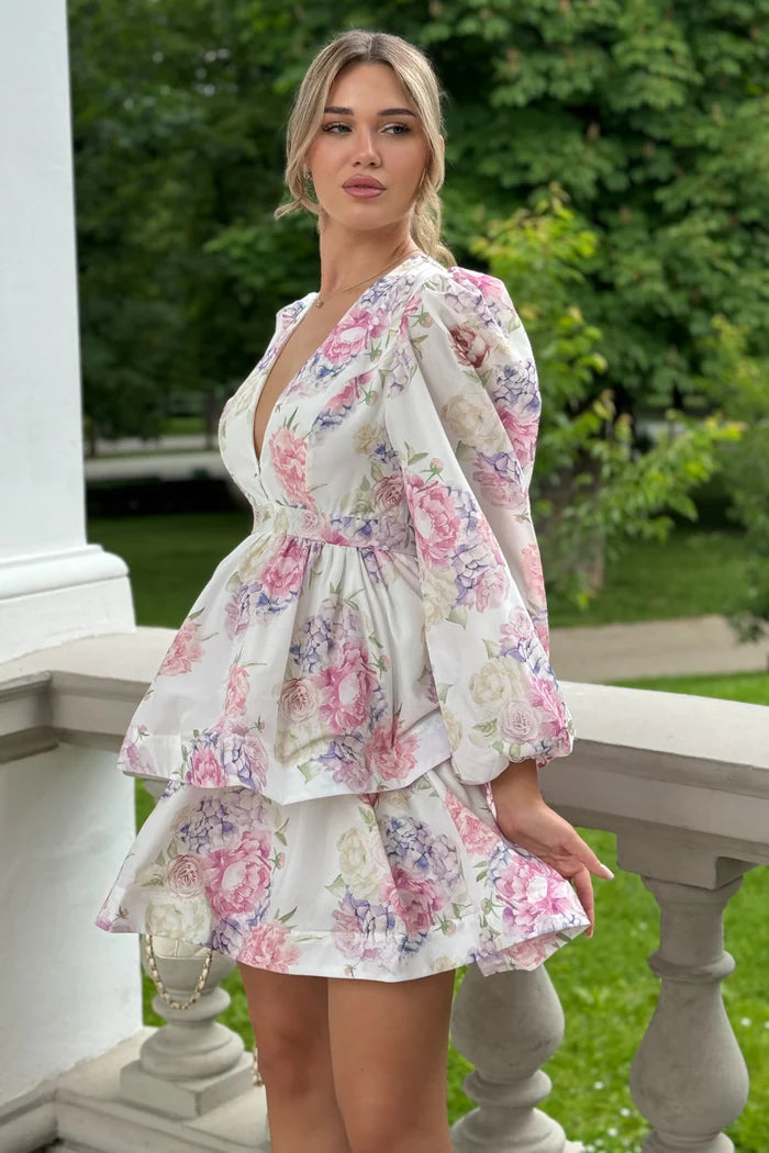 Floral Romantic Mini Dress With Voluminous Sleeves And Peplum Detail - White/Pink