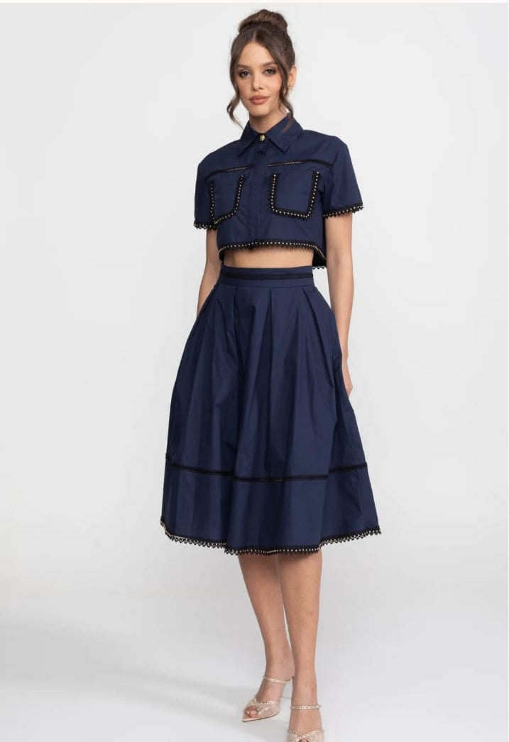 Broderie-Trim Cropped Shirt And Midi Skirt Co-Ord Set - Navy