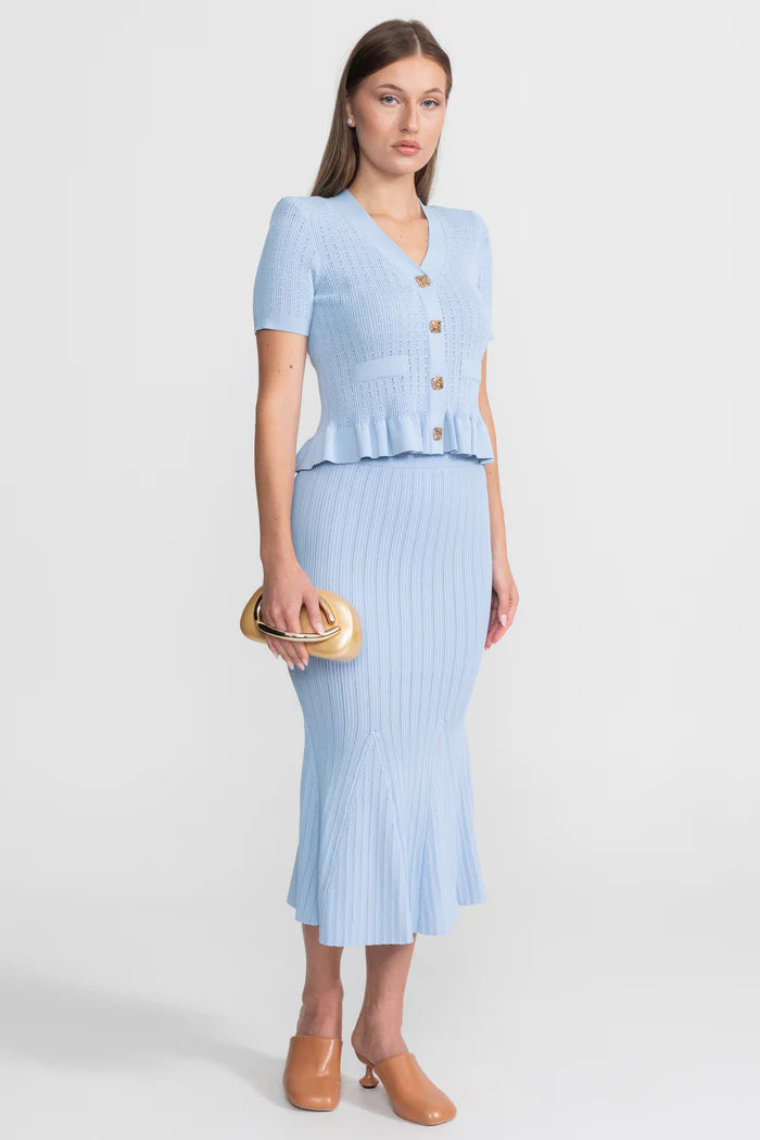 Knit Midi Co-Ord with Peplum Waist and Gold Buttons – Baby Blue
