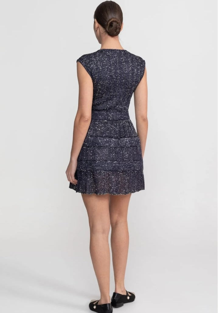 Sequin Cap Sleeve Mini Dress With Tiered Ruffle Skirt - Navy