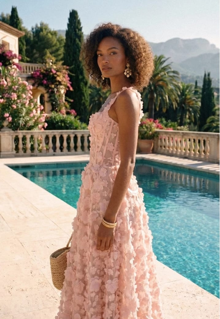 Long dress with floral appliqués with corseted bustier - Pink