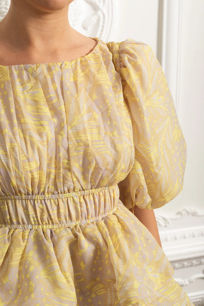 Puff Sleeve Tiered Ruffle Midi Dress - Yellow