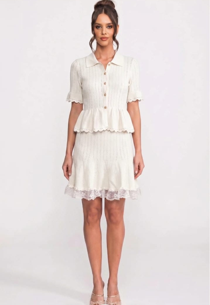 Polo Collar Knit Mini Dress with Button Top, Peplum Waist and Lace Hem - White