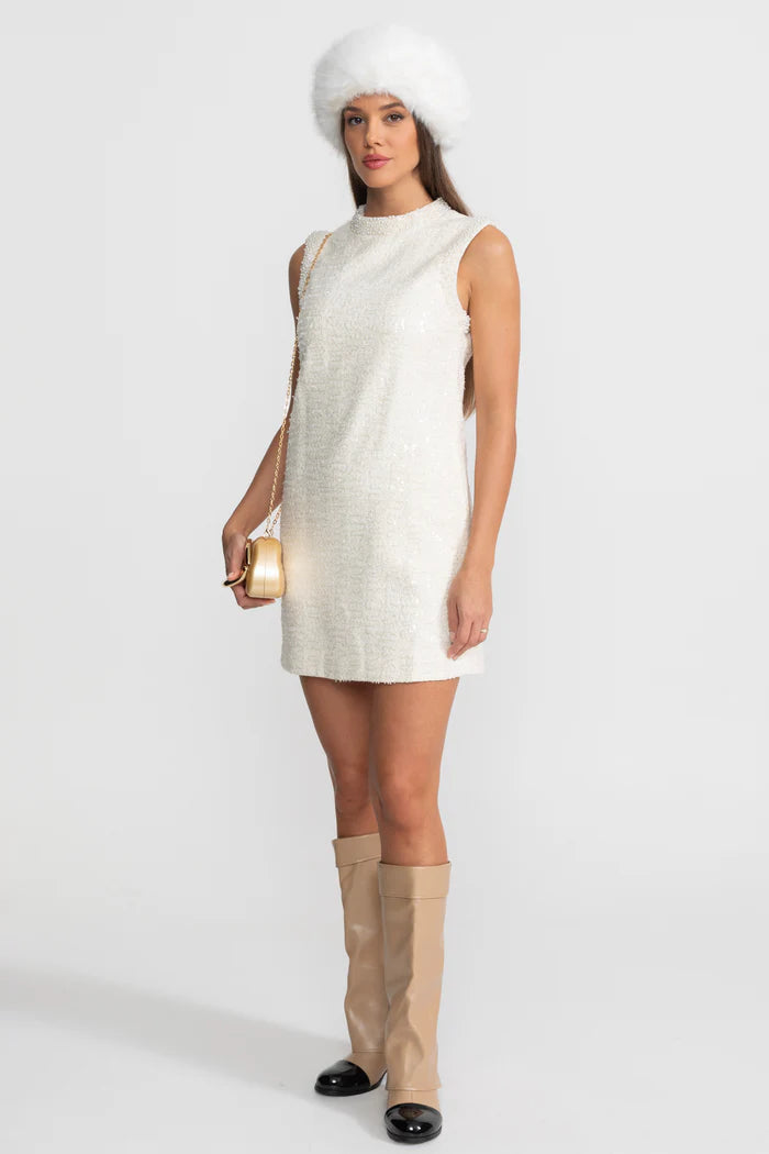 Sequin Tweed Mini Dress with Beaded Collar – White