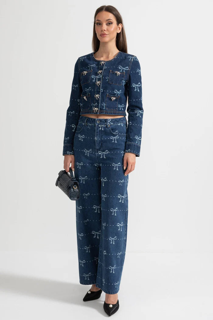 Denim-Koordinat-Ensemble mit langärmer Jacke und Weitbein-Jeans-Blau