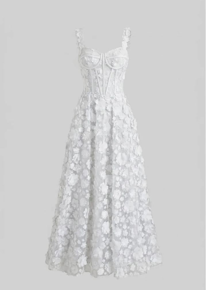 Floral Appliqué Maxi Dress with Built-in Corset - White