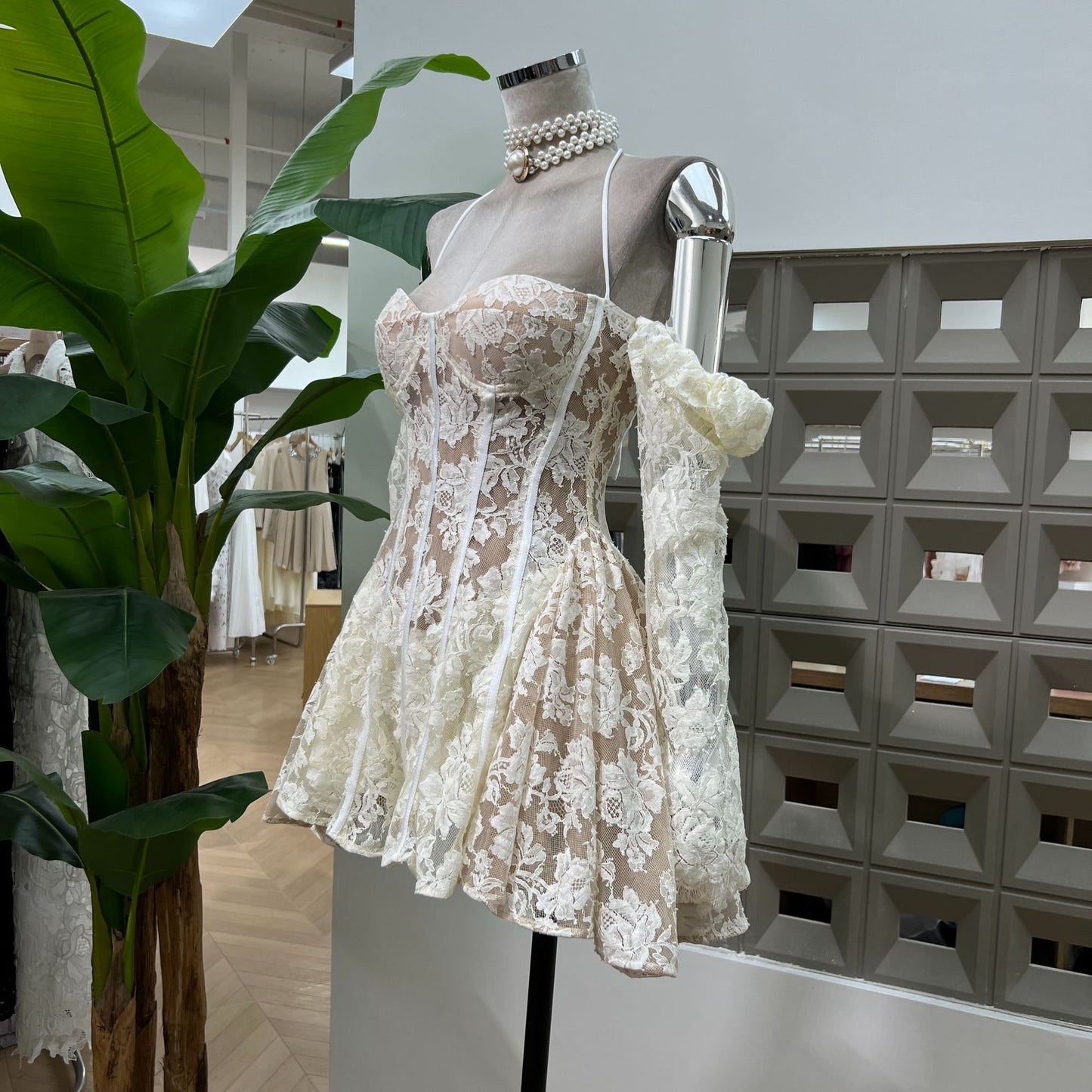 Fishbone Carved Lace Ultra-short dress