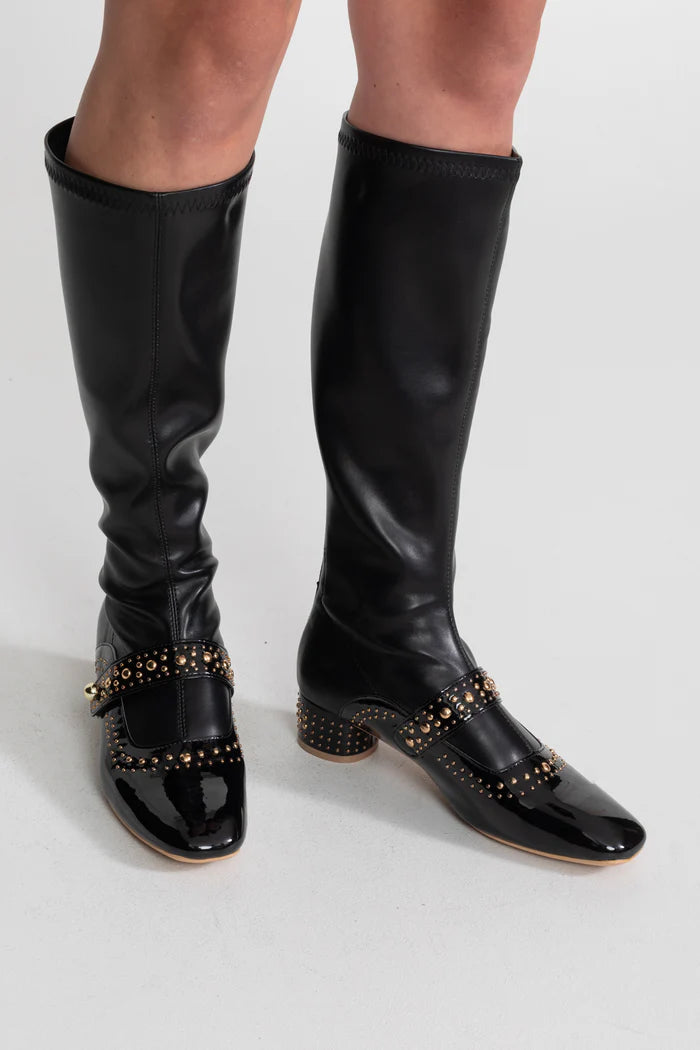 Studded Knee-High Boots With Pearl Strap Detail – Black
