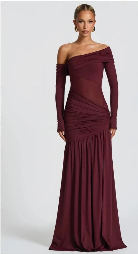 Anastasia Burgundy One Shoulder Gathered Maxi Dress