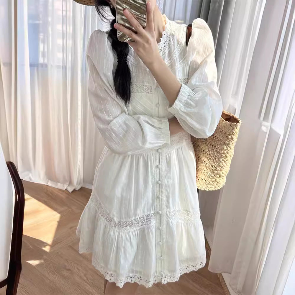 Long sleeve cotton white midi dress women