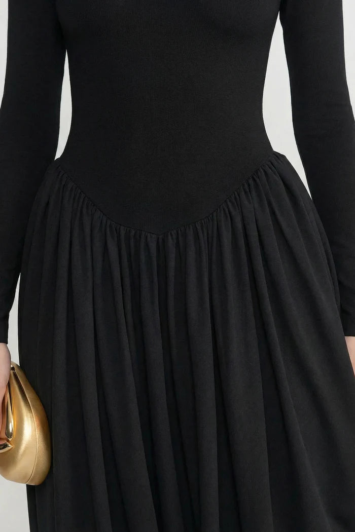 Long Sleeve Maxi Dress With Draped Skirt - Black
